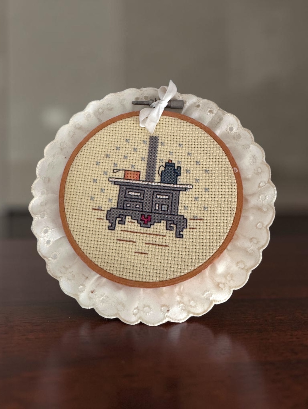 Vintage Cross Stitch Kitchen Wall Hanging Old Fashioned Stove Embroidery Hoop